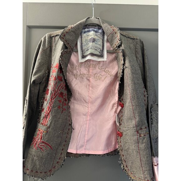 Handmade Striped Blazer Jacket With Red Tree Embroidery & Pink Silk Lining For - Picture 3 of 12